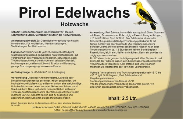 Pirol Edelwachs - Holzwachs - 2,5 Liter